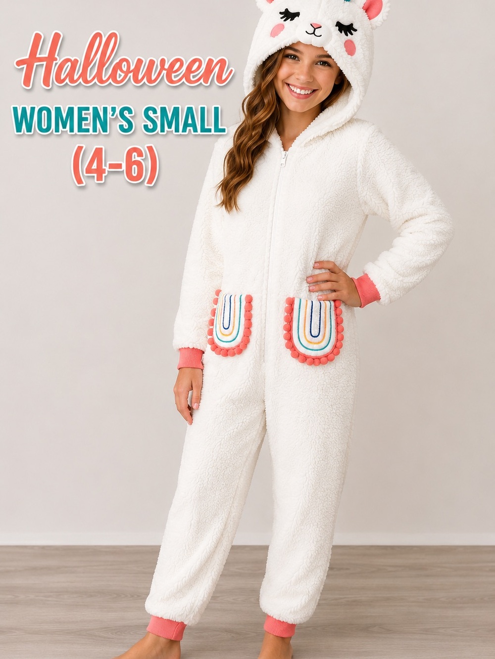 Halloween Llama Plush Hooded One Piece Pajamas Women’s Small 4-6